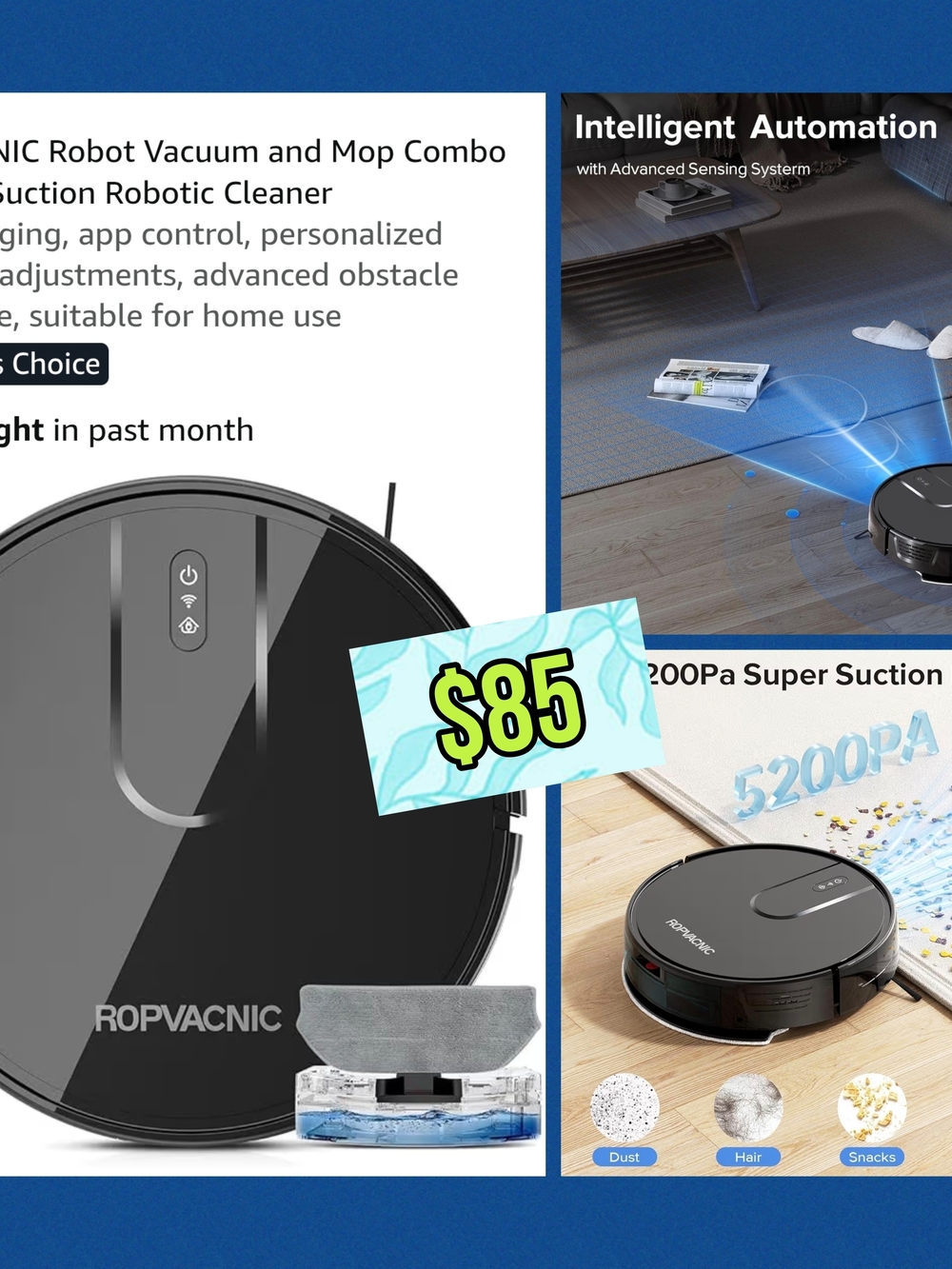 ROPVACNIC Black Robot Vacuum Cleaner - $85